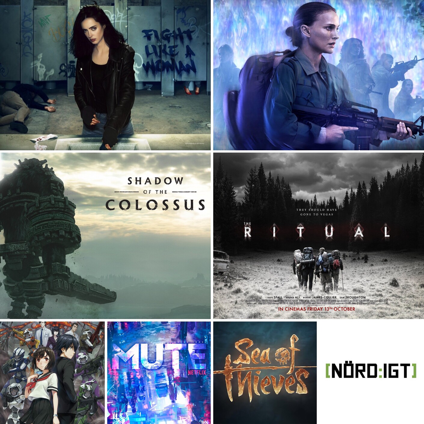 211. Den med Annihilation, Mute, The Ritual, Sea of Thieves, Shadof of the Colossus, Jessica Jones och en massa anime episode artwork