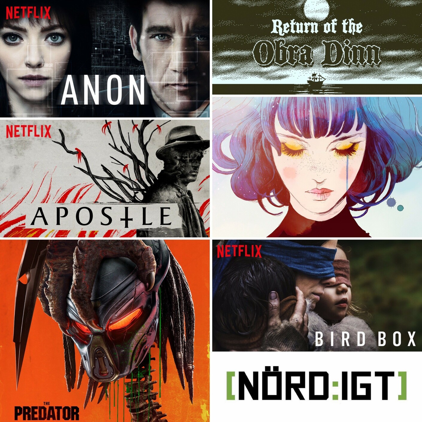 241. Den med Return of the Obra Dinn, Gris, Bird Box, Anon, Apostle och The Predator episode artwork